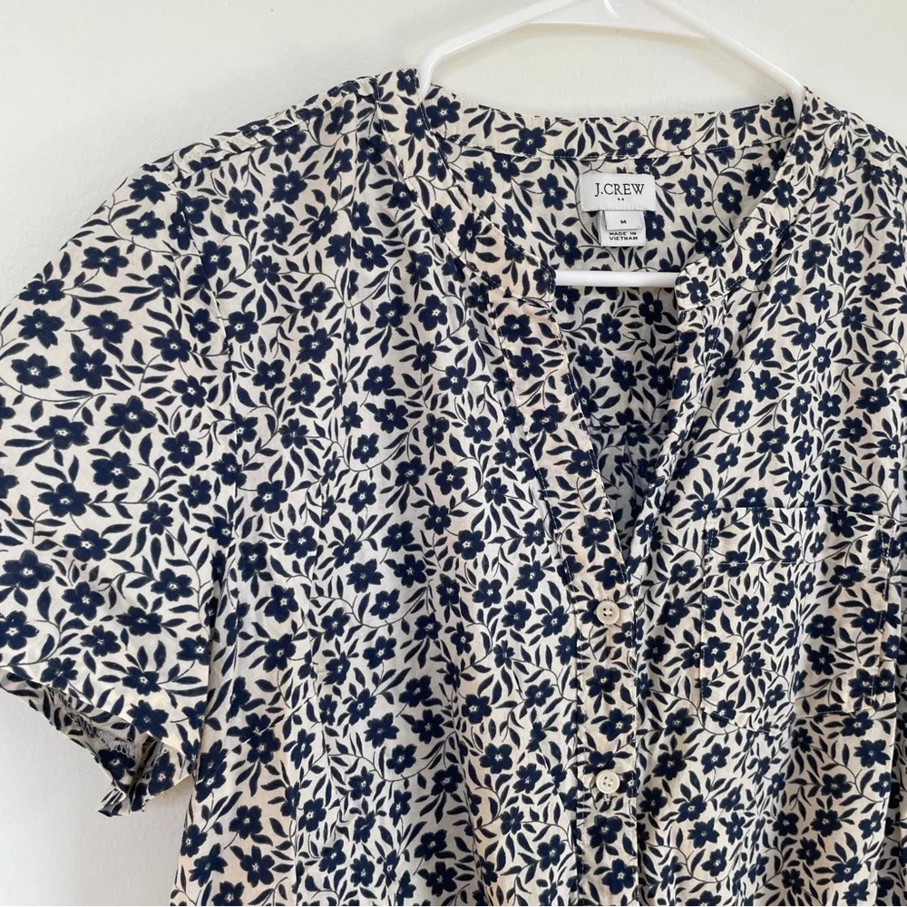 J. Crew Blue and White Puff Sleeve Tie-Front Blouse